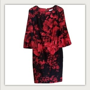 Calvin Klein Red & Black Floral Bell Sleeve Dress Size 8